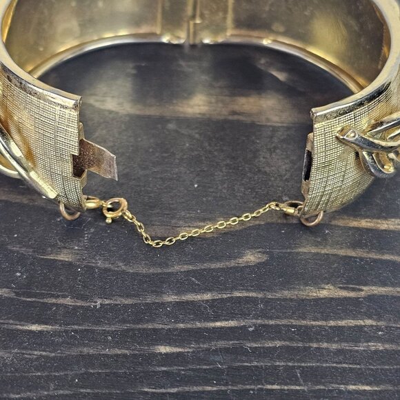 Vintage 70's Whiting and Davis Gold & Silvertone Floral Leaf Fall Cuff Bracelet - Picture 3 of 5